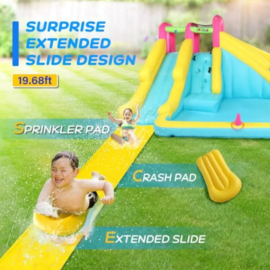 Backyard inflatable water slide for kids: 20FT lawn slide with bodyboard, sprinkler, pool, water cannon, ring-toss; PVC materia