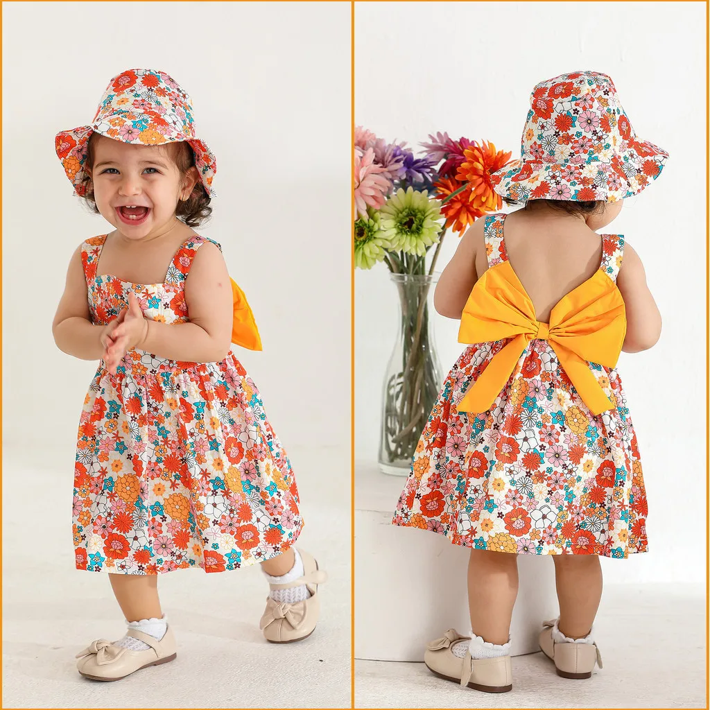 0-3 Years Dress for Toddlers Girl 2PCS Summer Clothes Set Sleeveless Floral Dress with Hat Baby Cute Beach Holiday Party Outfits