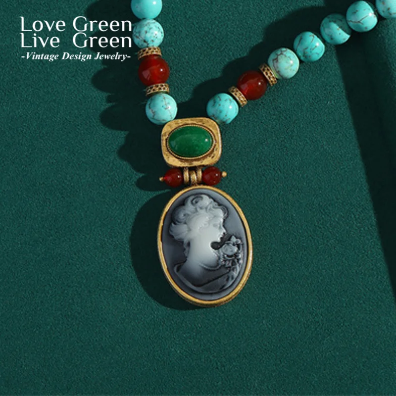 

Vintage Cameo Pendant Necklace Turquoise Jewelry For Woman Oval Portrait Relief Luxury Quality Antique Natural Stone Designer