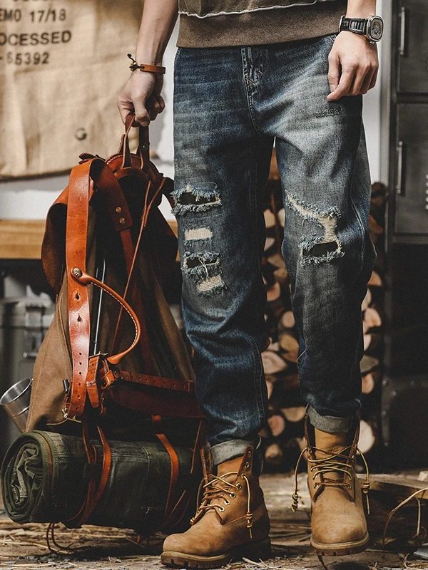 

Американские тяжелые джинсы в стиле ретро, мужские свободные прямые джинсы, новинка 2025, джинсовые джинсы с дырками, брюки большого размера