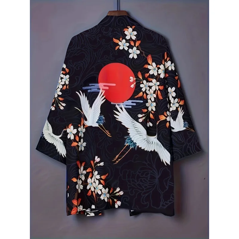 

Kimono Japanese Retro Crane Print Feather Coat Harajuku Style Improved Hanfu seven-sleeved Short Coat Shawl Thin Top European Et