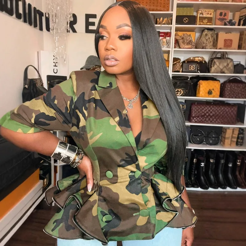Zipper Ruffles Camouflage Print Jackets 2025 Autumn Women Fashion Notched Collar Long Sleeve Double Breasted Slim Casual Coats