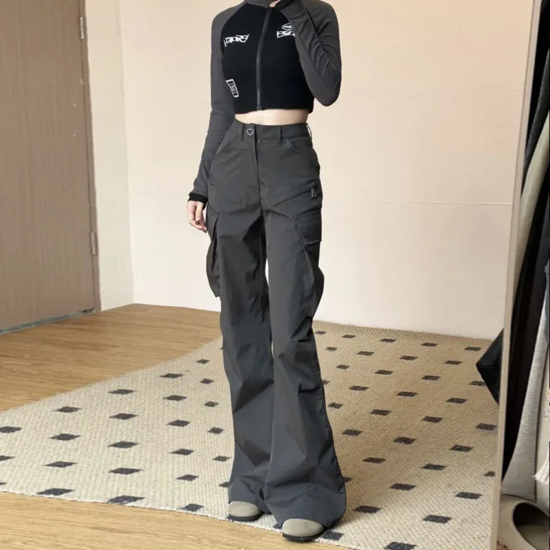Summer Vintage Big Pocket Cargo Pants Women American Streetwear High Waist Wide Leg Trousers Harajuku Fashion Loose Flare Pants