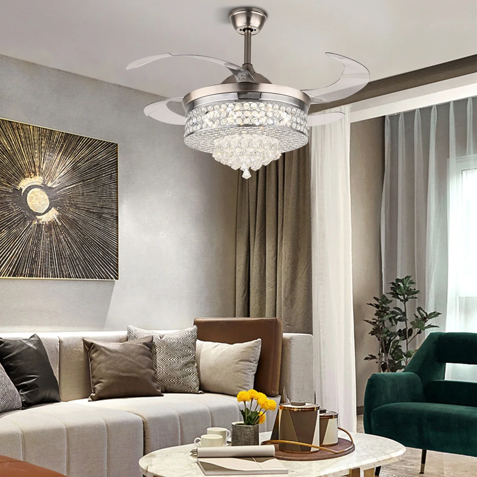 New42 Inch Crystal Ceiling Fan Light With LED Light And Remote Control, 4 Retractable Blades Fan Chandelier 3 Speeds 3 Colors