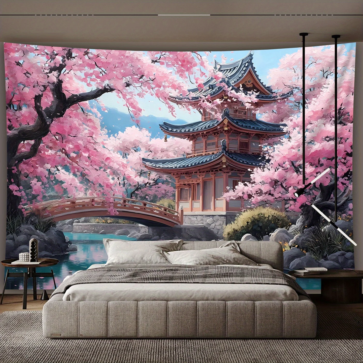 Cherry Blossom Temple Tapestry Japanese Garden Sakura Bridge Wall Art Home Decor Free Hooks Included Elevate Your Space