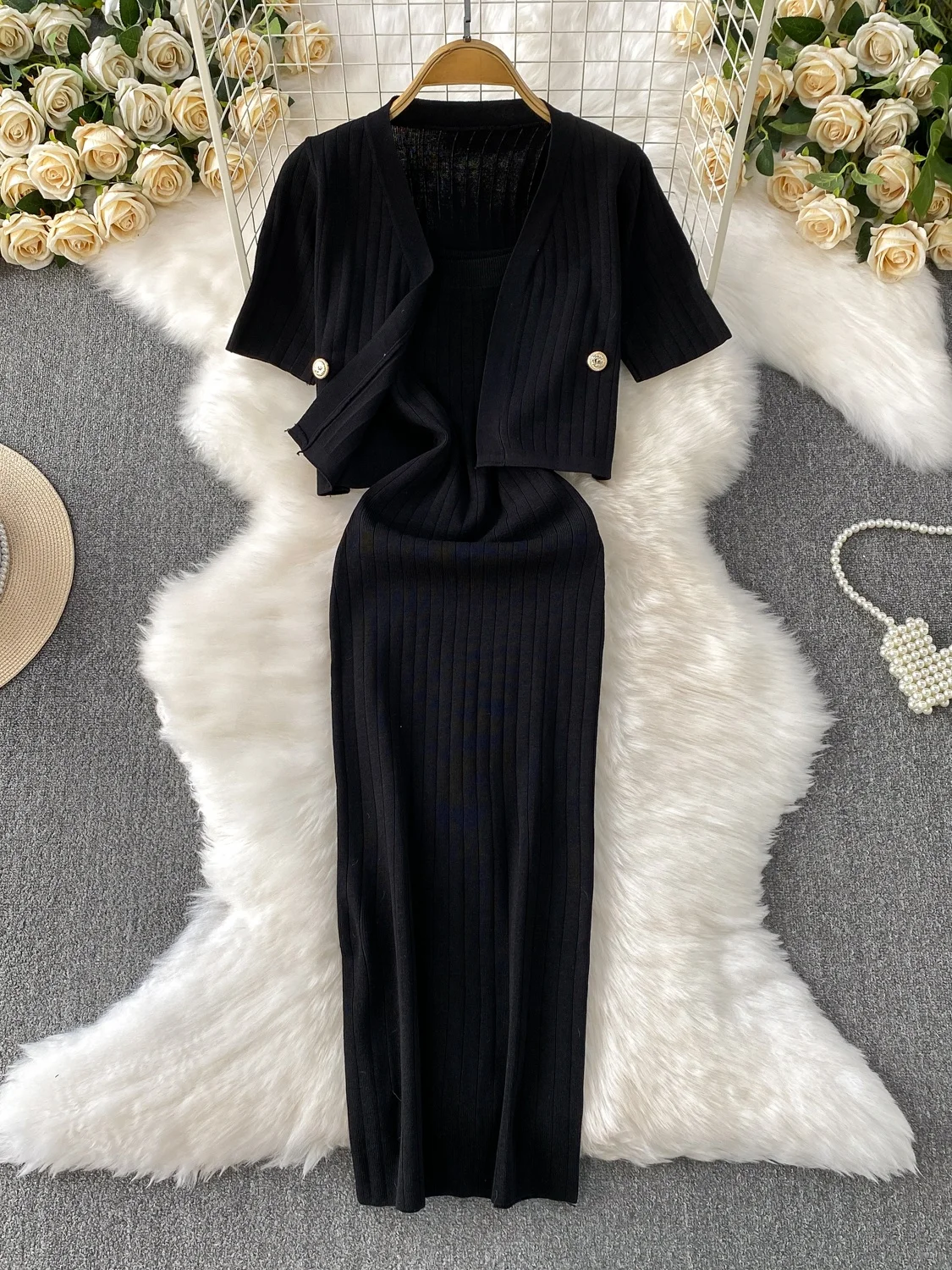 

Slimming Stripe Knitted ort Cardigan Set with Long Strap Dr Faionable V-Ne Svel Two-Piece Suit for Young Women