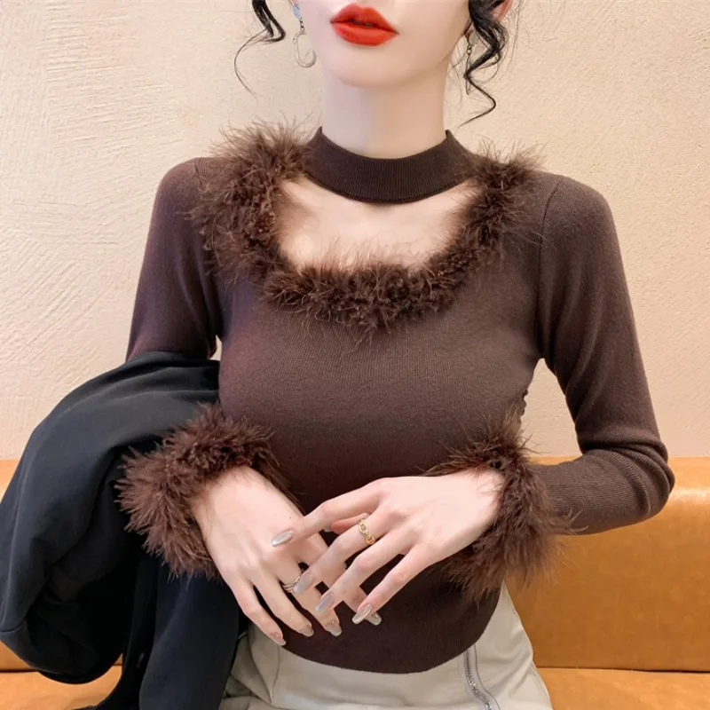 

2025, новинка, европейская, одежда, вязаный, свитер, женский, шикарный, сексуальный, пышный, квадратный воротник, сращенный, полые, с длинными рукавами, драпированные, топы, 51030