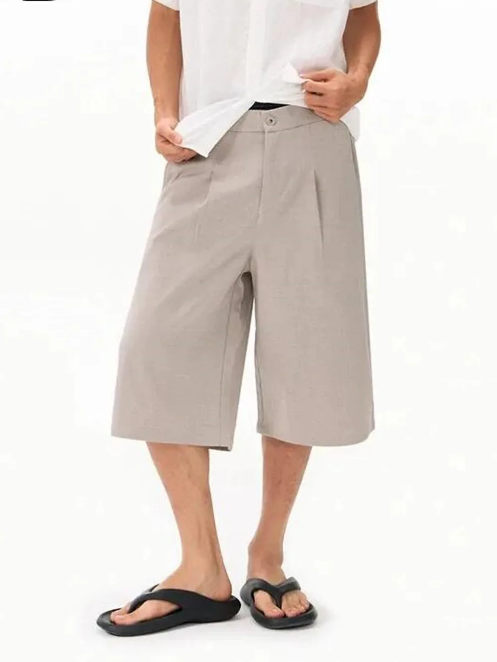 American Retro Style Ice Silk Beige Men's Suit Shorts Loose Wide Leg Casual Wide Leg Cropped Pants Summer Trendy DQ8X