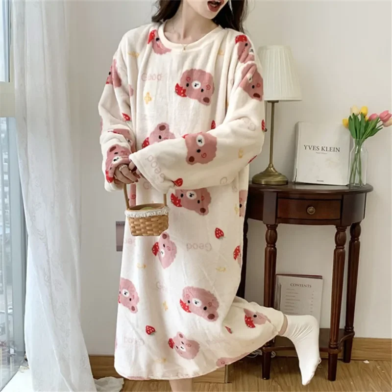 Coral Velvet Nightgown Female Autumn and Winter Thickened Flannel Flannel Cartoon Pajamas in the Long Section of Warm Sleepwear