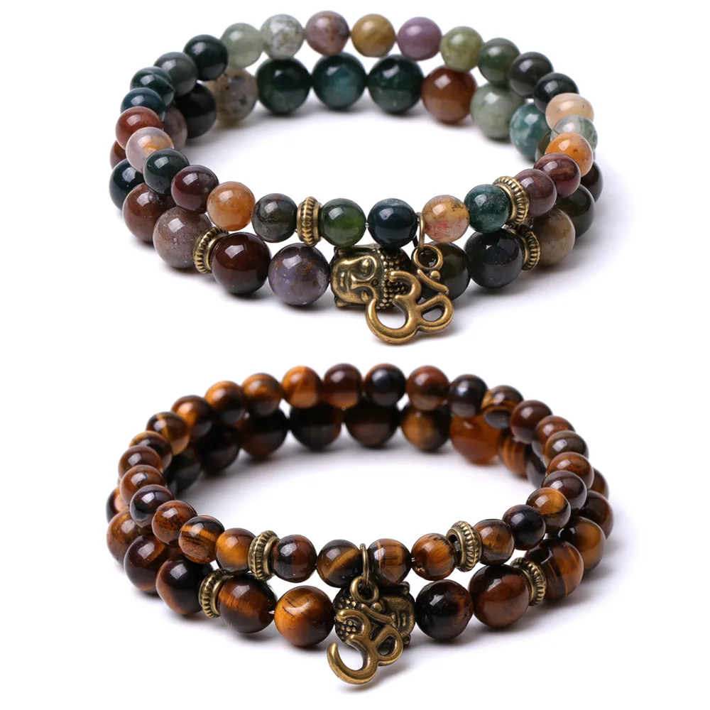 

10pcs 7 Chakra Buddhist Bracelet Genuine Tiger Eye & Rose Quartz Beads with OM Charm Unisex Yoga Spiritual Jewelry Gift Set