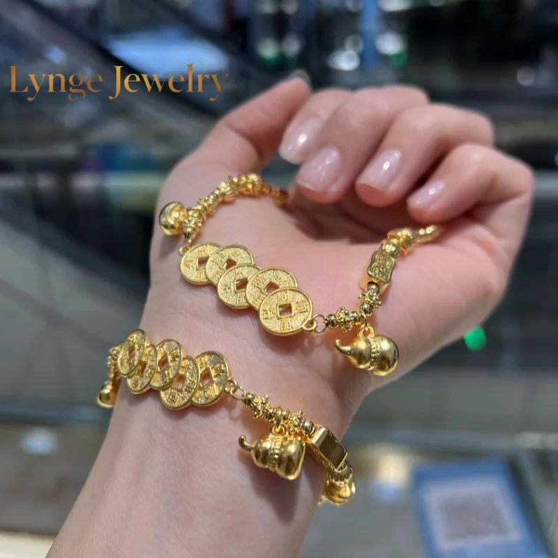 Pulsera de Oro Real de 18k con Diseño de Monedas de los Cinco Emperadores Hulu de Lynge Jewelry para Mujer, Joyería Fina de Alta Calidad sin Demoldes