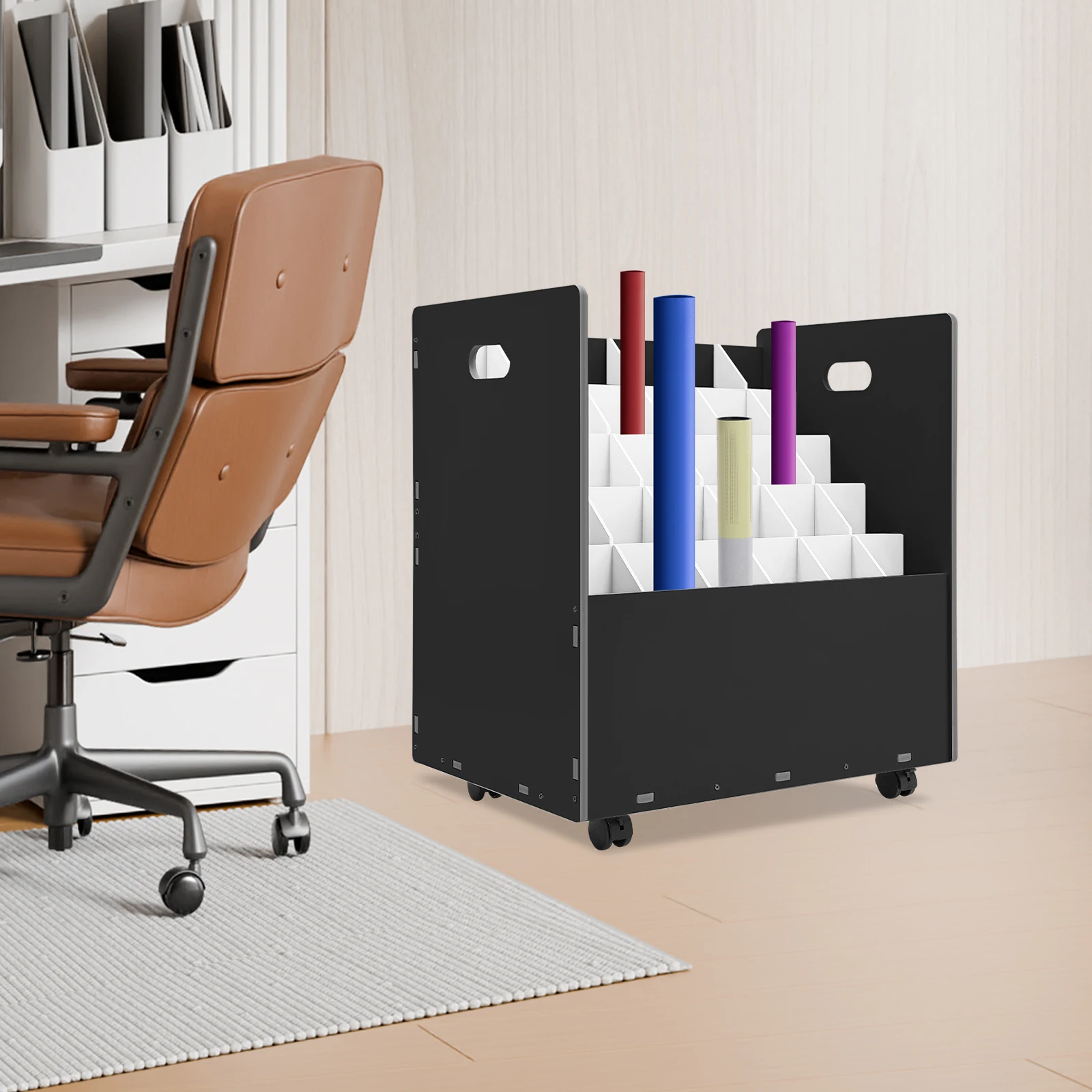 Rak Penyimpanan File Gulung Seluler, Lemari Penyimpanan File Gulung dengan Roda, Organizer Penyimpanan File Gulung 30 Slot dengan Roda