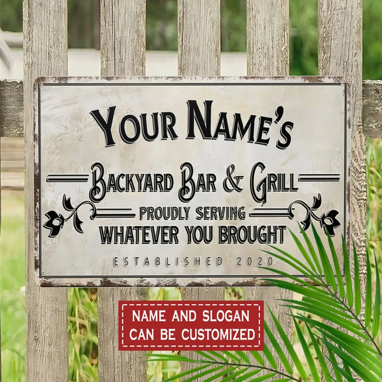 1pc 2D Flat Custom Bar Grill Sign 8X12In Floral Border Backyard Courtyard Plaque