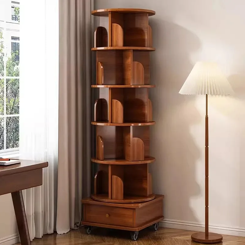 360 Degree Rotating Wooden Bookshelf Bookcase Revolving Floor Standing Book Storage Rack for Home Living Room with Wheels