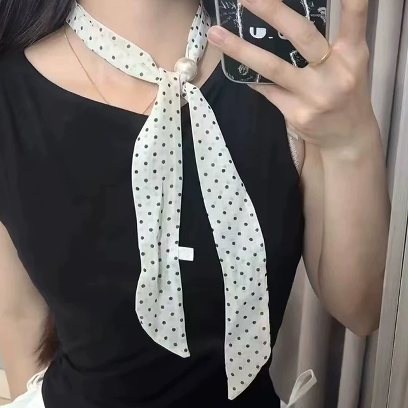 French Style Polka Dot Scarf for Women Retro Beaded Neck Scarf High-end Silk Ribbon Neck Decoration for Women Daily Outfit