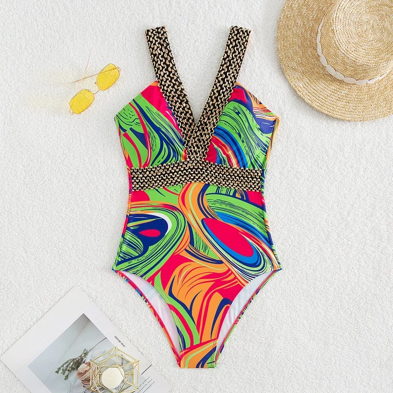 Vintage Print One Piece Swimsuit Women Sexy V Neck Backless High Waist Bodysuits Swimsuit Splicing Summer Vacation Bathing Suit