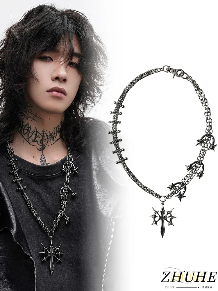 

Unique Asymmetric Chain Necklace with Star & Cross Charms Punk Jewelry Accessories for Rock Enthusiasts