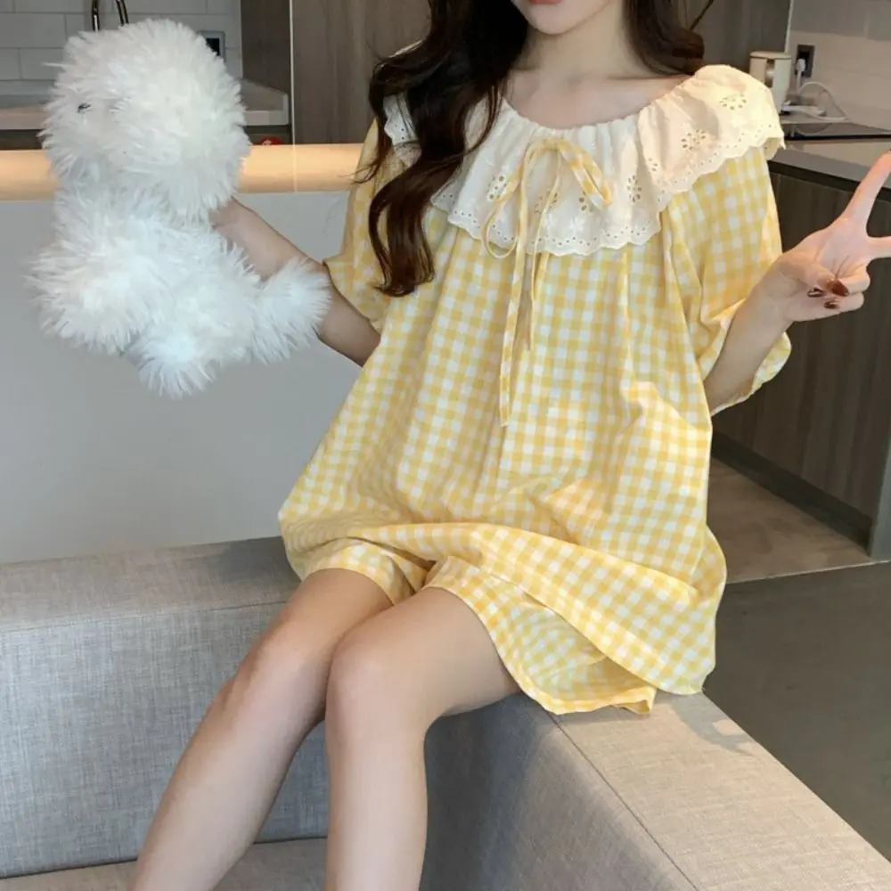 Lace Ruffle Lace Grid Pajama Suit Round Neck Short Sleeve Shorts Camisole Nightwear Loose Women Homewear