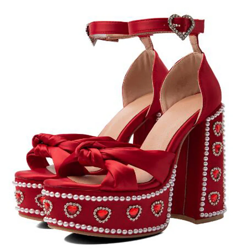 Women Red Satin Platform Block Heel Sandals Open Toe Bow Knot Ankle Strap Sandals Heart Rhinestone Pearl Chunky Heels Sandals - view 5