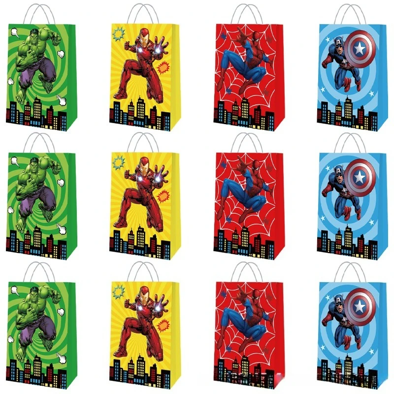 12 قطعة من حقيبة الورق الكرتونية الجديدة ذات طابع مارفل للأولاد والبنات وحقيبة يد لحفلات أعياد الميلاد والمهرجانات