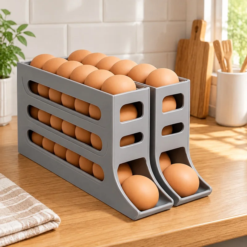 Refrigerator Egg Holder with Four Layer Stack, Kitchen Storage Rack Featuring Smooth Rolling Dispensing Mechanism