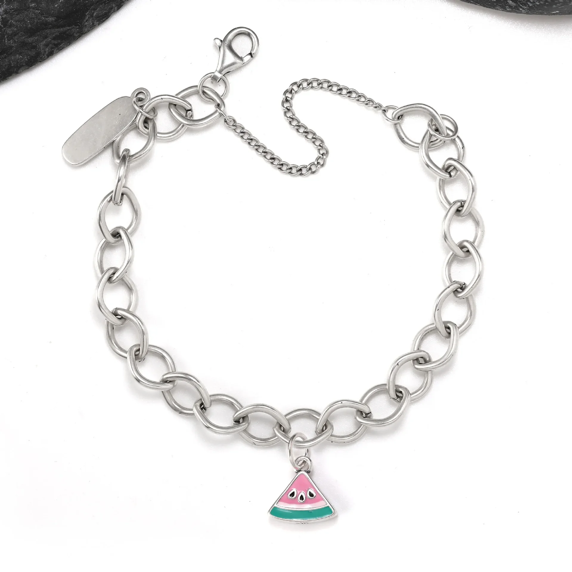 Vintage Silver Charm Bracelet for Women, Chunky Link Chain Bracelet with Enamel Watermelon, 2025 Heart, Love Round Tag & Square Pendant, Adjustable Retro Metal Wrist Jewelry, Trend Stackable Bracelets, Birthday Holiday Gift for Girls Daily Wear