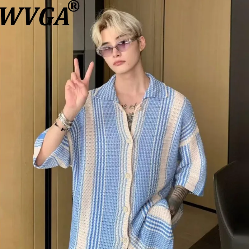 WVGA Summer New Man Hollow Out Knitted Cardigan Color-blocked Striped Short Shirts Niche Chic Casual Silk Cotton Ice Tops W21167