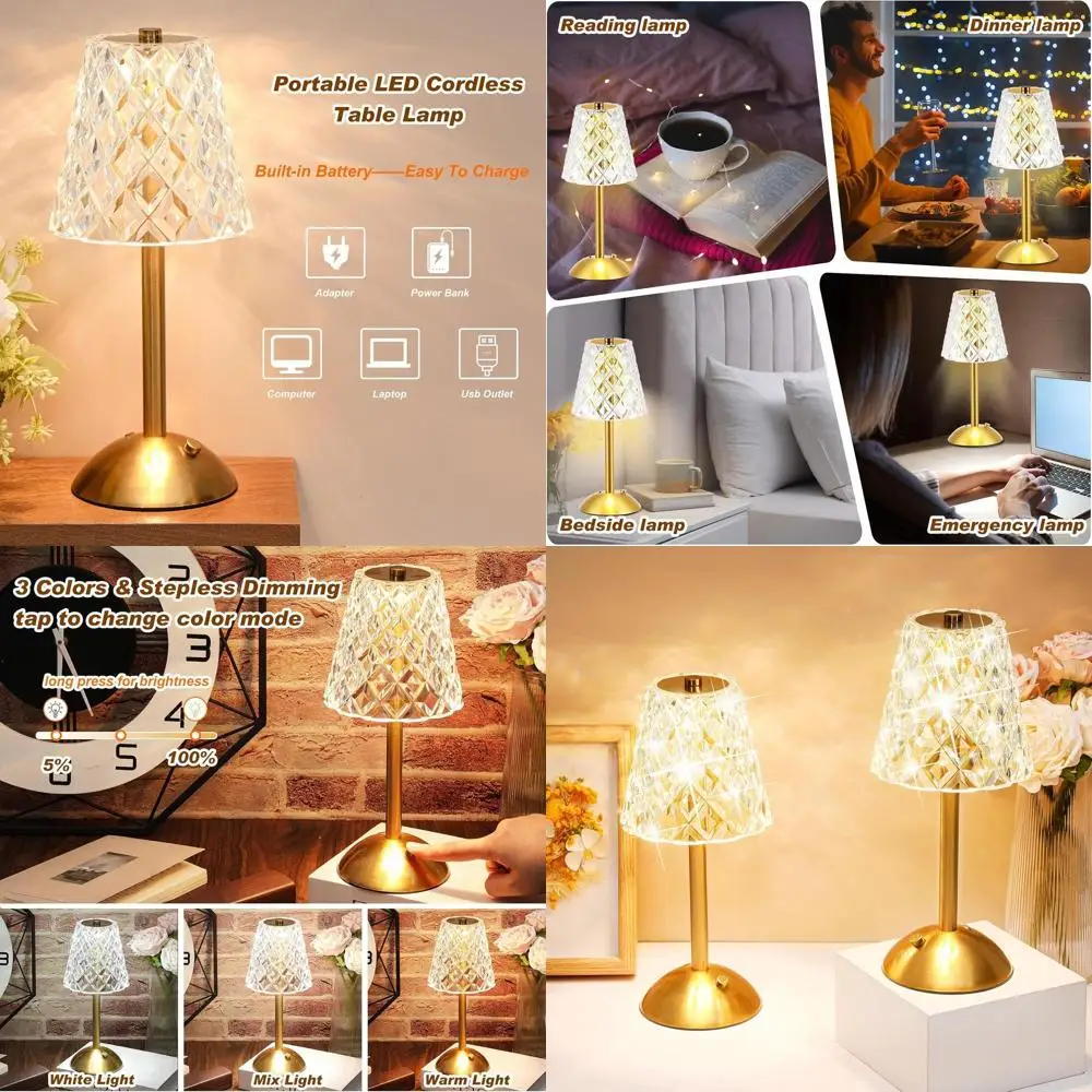 

Gold 4-Piece LED Cordless Table Lamp with Touch Control, Rechargeable & 3-Color Dimmable for Home Decor