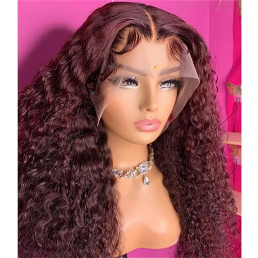 26 Zoll lange 180 Dichte verworrene lockige weiche Burgunderrote tiefe Spitze-Front-Perücke für Frauen, Babyhaar, ohne Kleber, täglich vorgezupft