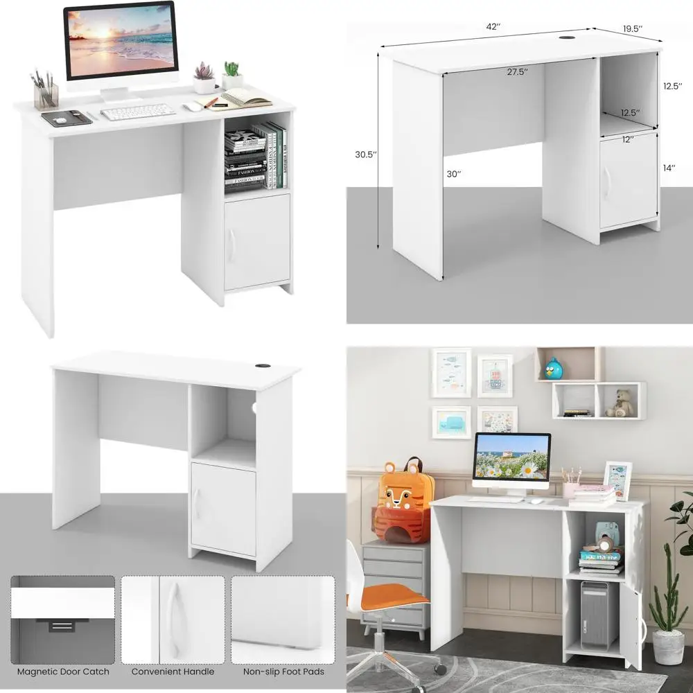 

42 White Office Desk with Open Storage and Cabinet, Ideal for Compact Spaces in Bedrooms, Studies, and Dorms