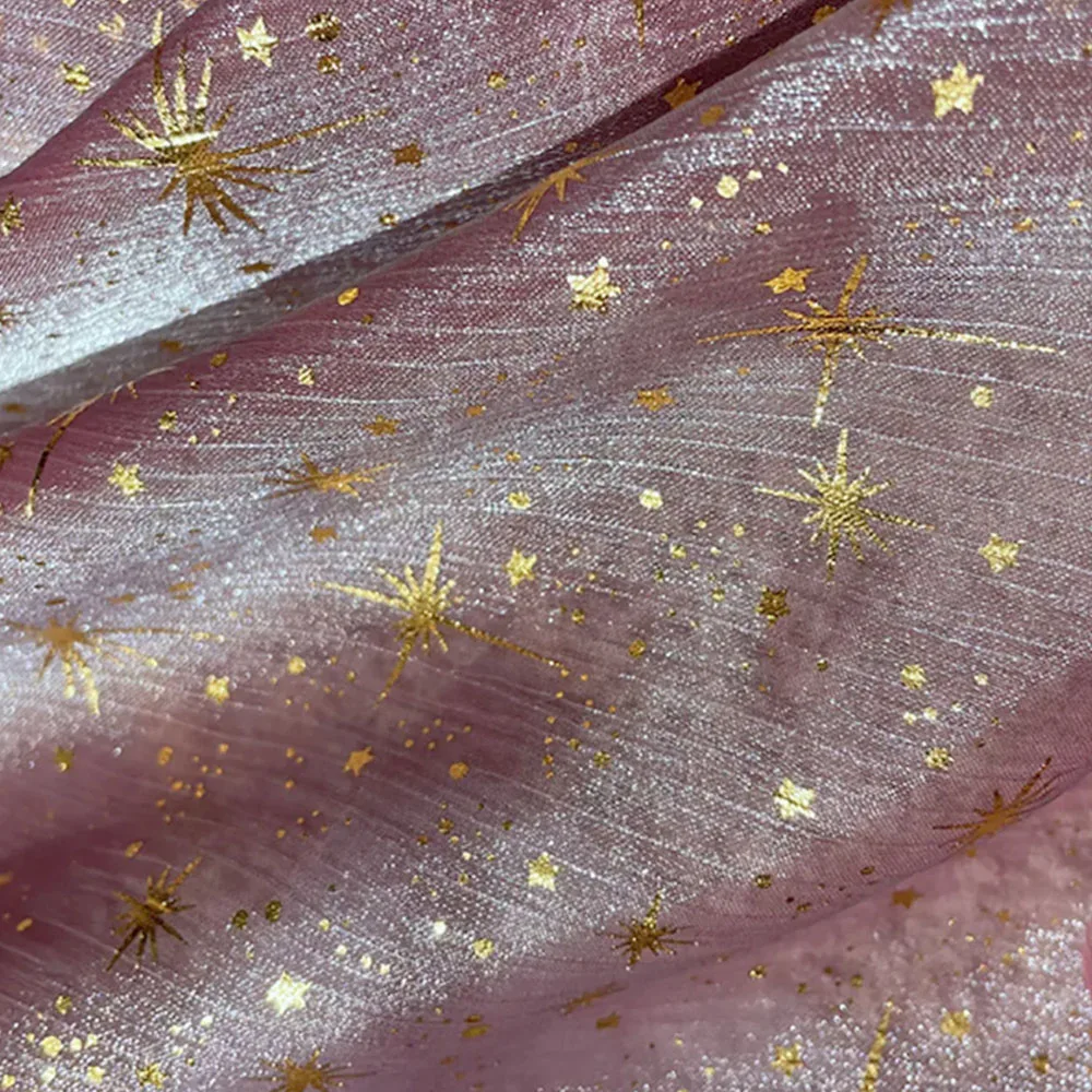 Star Moon Sequin Pattern Gilded wrinkled Fabric Shiny Silk Crepe Organza Ming Made Hanfu Large Sleeved Shirt Outside Material