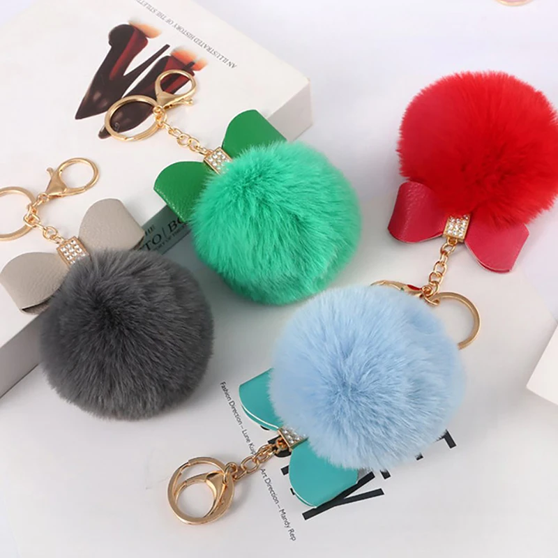 Chaveiro Pompom criativo para mulheres, chaveiro arco PU com strass brilhantes, enfeites de bolsa, acessórios para porta-chaves do carro, moda