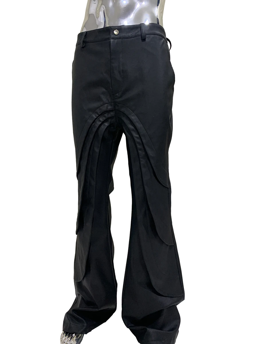 

Осенние длинные крутые матовые черные брюки-клеш из искусственной кожи для мужчин, роскошный дизайнерский структурный дизайн, одежда, уличная мода кожаные штаны мужские 2025