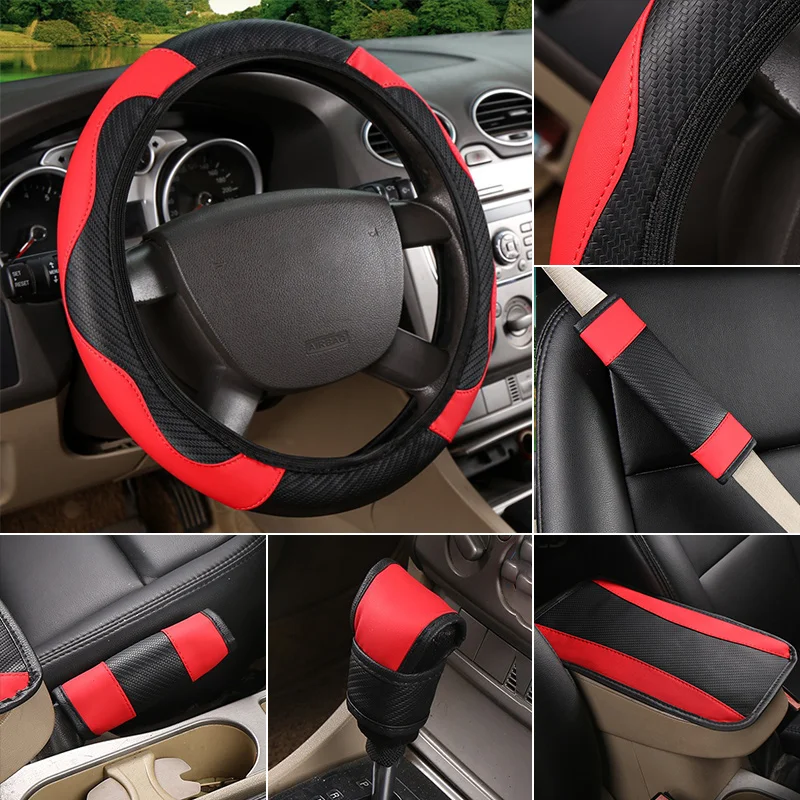 

Fashion Car Armrest Pad Steering Wheel Cover Seat Belt Shoulder Pad Shift Knob Cover Complete Interior Auto Accessory Set