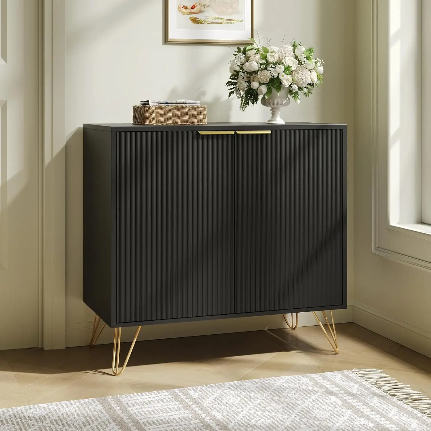 

Fluted Storage Cabinet, 2 Doors Sideboard Buffet Cabinet, Modern Wood Accent Table with Adjustable Shelves, Console Tabl