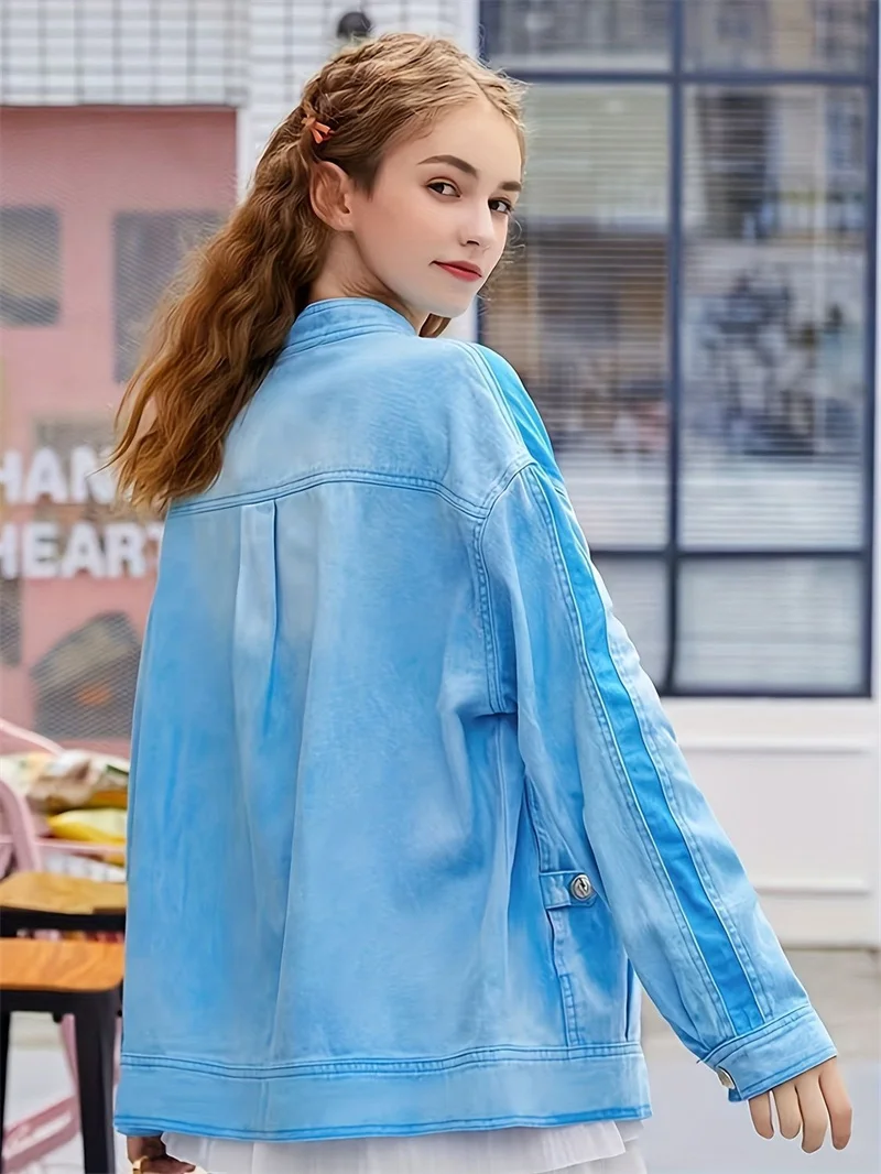 سترة عصرية من القطن الخالص من قماش الدنيم للنساء لصيف 2025 مطرزة بالكرز أزرق فضفاض وأكمام طويلة أنيقة للسيدات #4