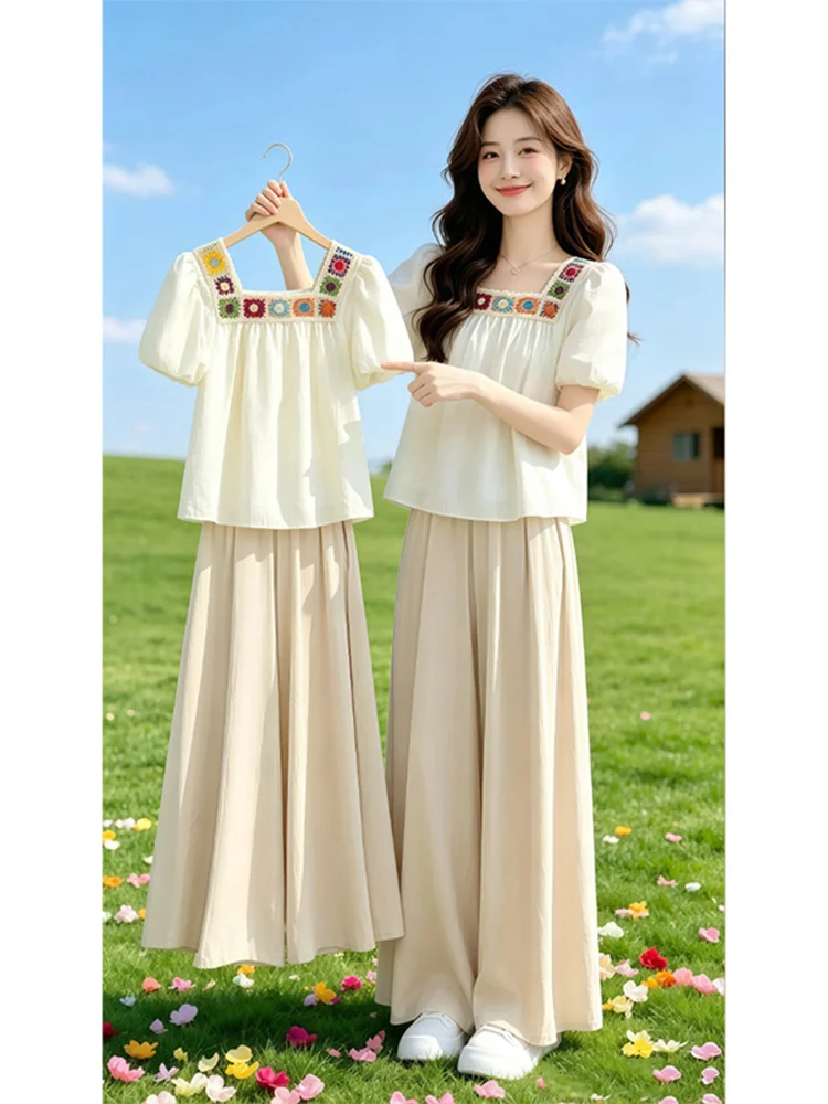 Summer New Gentle Style Slimming Effect Two-Piece Set with Square Collar Hook Flowers Bubble Sleeve Top And Wide Leg Pants