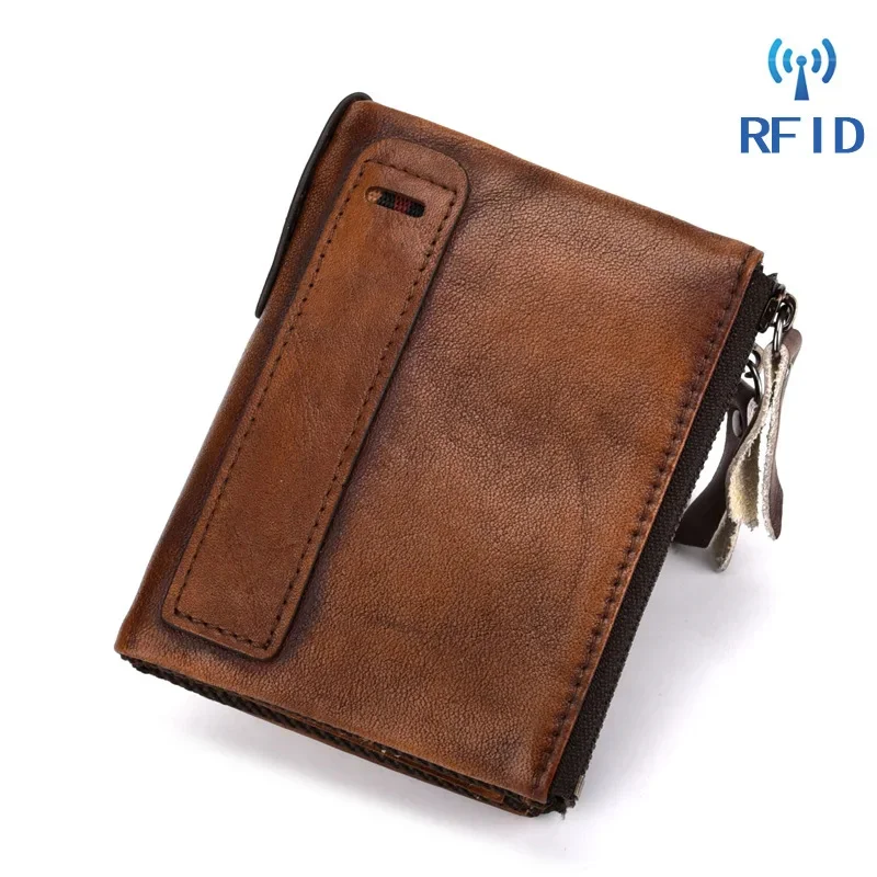 Genuine Leather Men Mini Purse Anti- RFID Money Bag Coin Pocket Credit Card Holder Cowhide Double Zipper Clutch Short Wallet