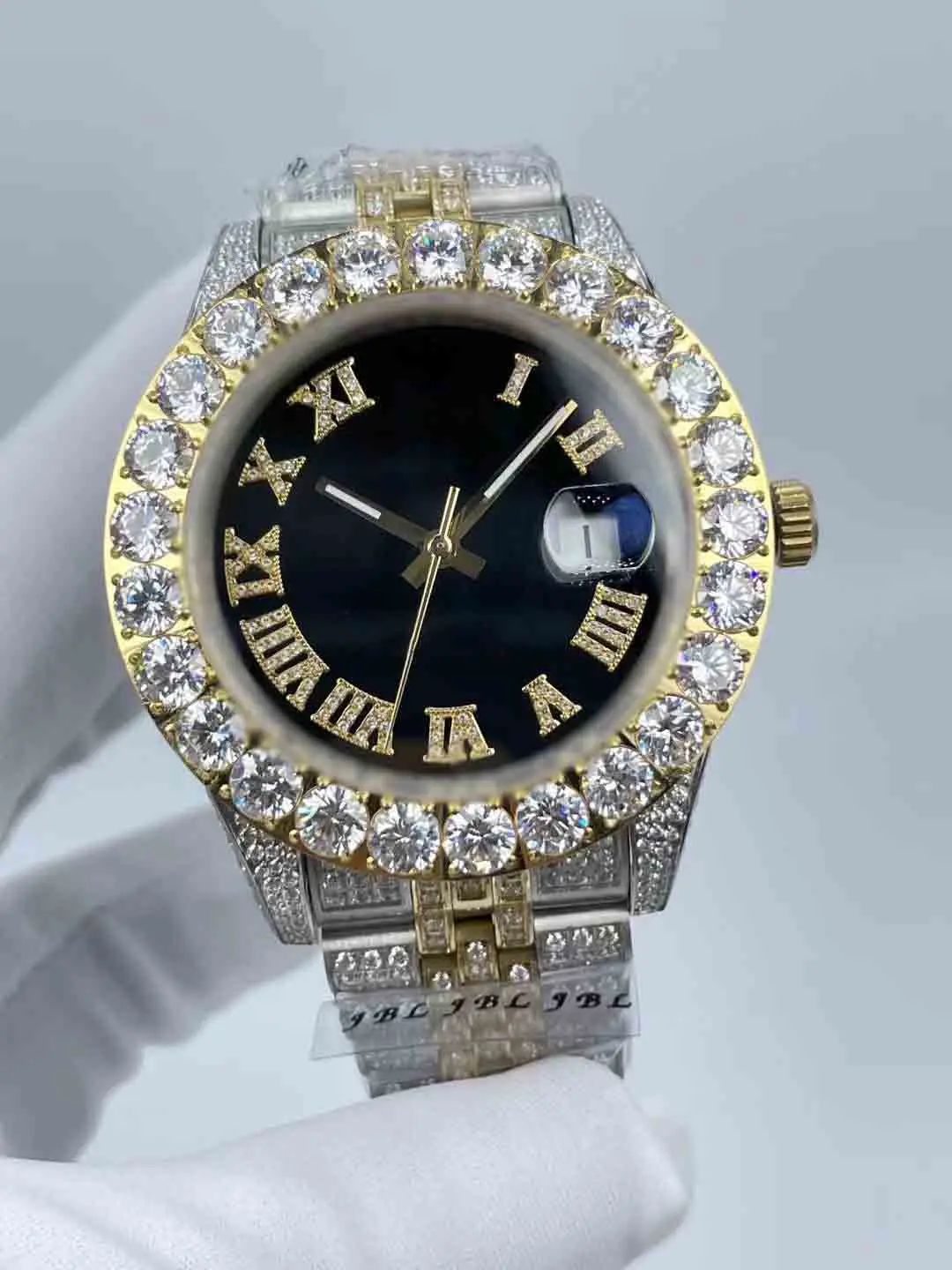 Men's Diamond Watch - Full Diamond Roman Face, Waterproof Calendar Window, Precision Steel Strap