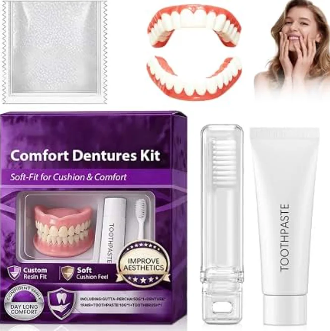 Professional Dental Soft-Fit Denture Set Unisex Moldable Silicone Dentures Upper Lower False Teeth Set Instant Smile Toothbrush
