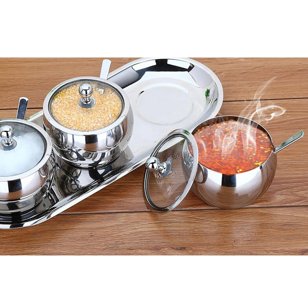 

Spice Tins Ingredient Bowl Seasoning Jar with Spoon Glass Cover Spices Jars Lids Container Stainless Steel Kitchen Accessories