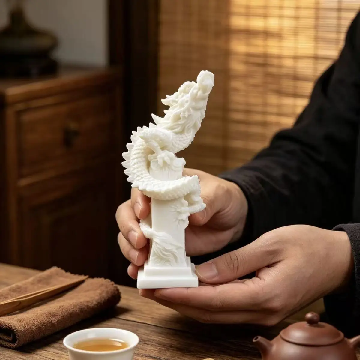 White marble Coiled Dragon Mascot Figurine Chinese mythical beast Home Living Room Office Wealth Feng Shui Ornament Gift