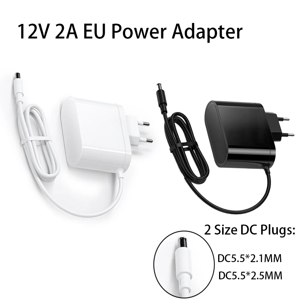 AC 100-240V to DC 12V 2A 24W EU Adapter, Dual DC Connector 5.5x2.1mm 5.5x2.5mm for LED Light Bar Router