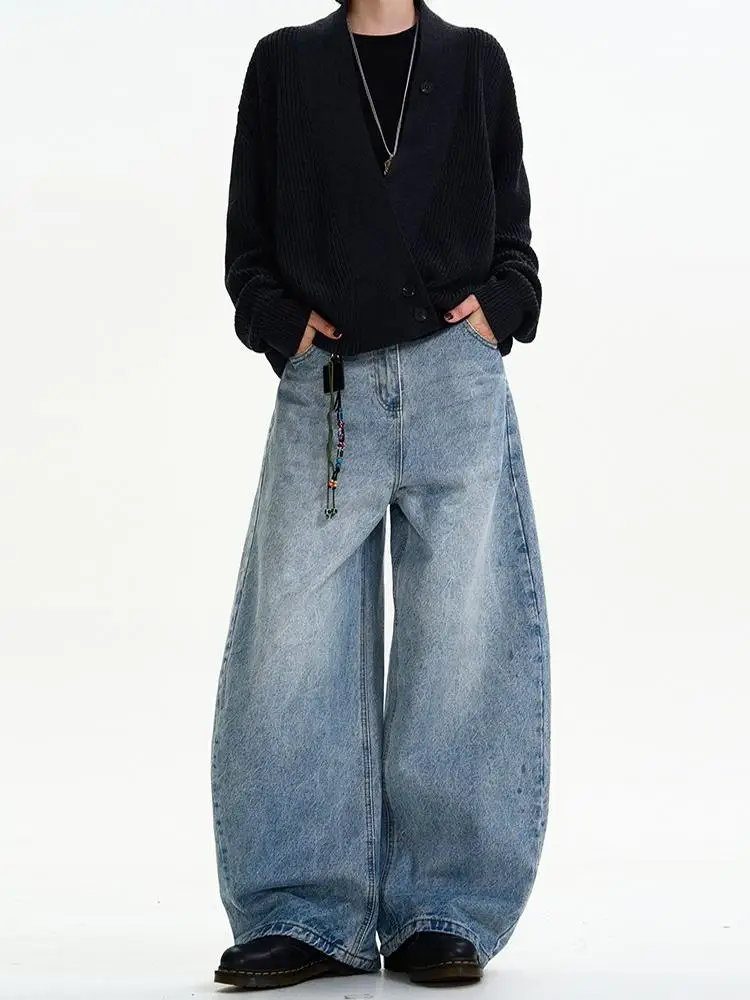 Classic American Washed Light Blue Men's And Women's Loose Vintage Silhouette Casual Wide Leg Long Jeans Knife 
