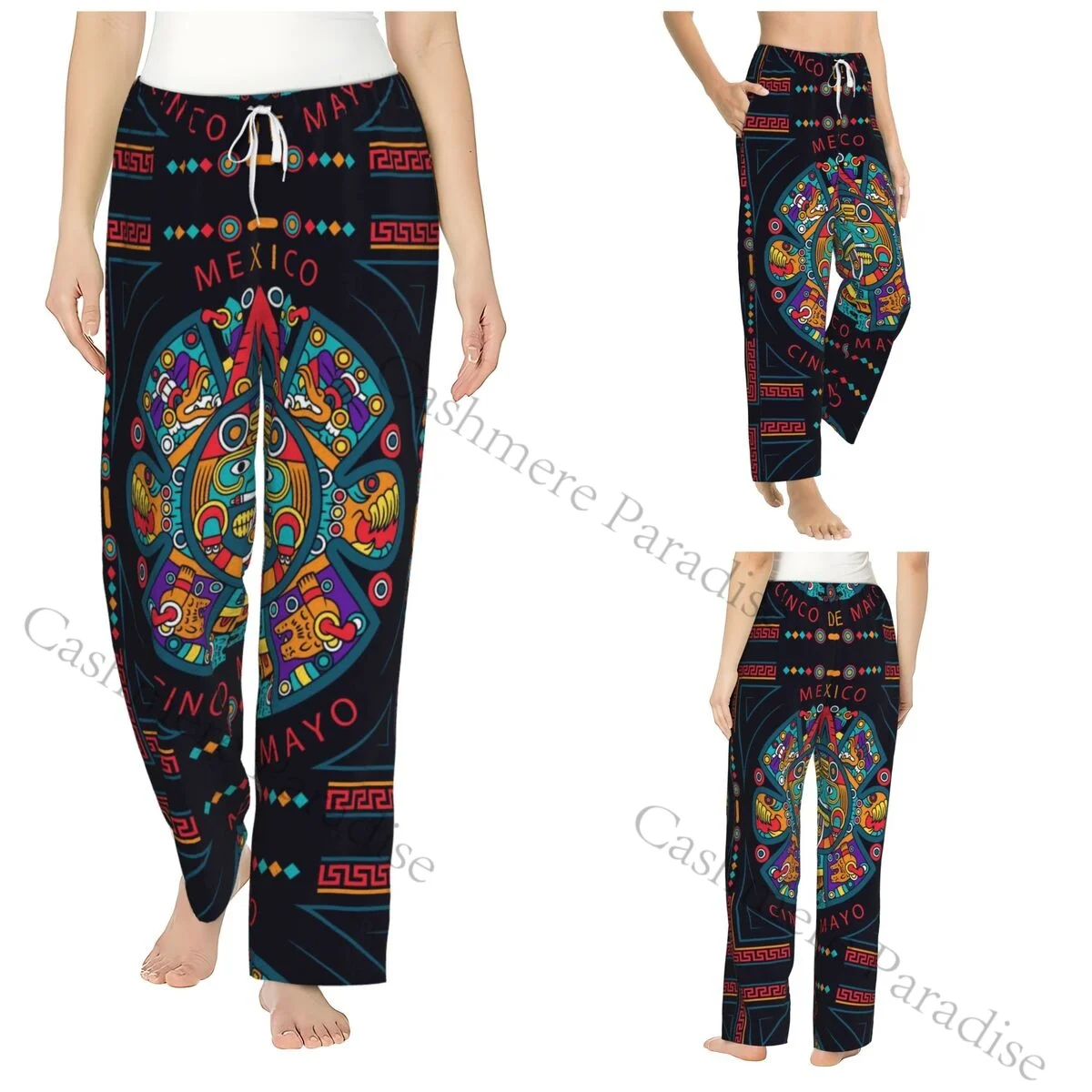 Calças de pijama de flanela étnica asteca para mulheres calças de dormir macias e quentes com cintura elástica