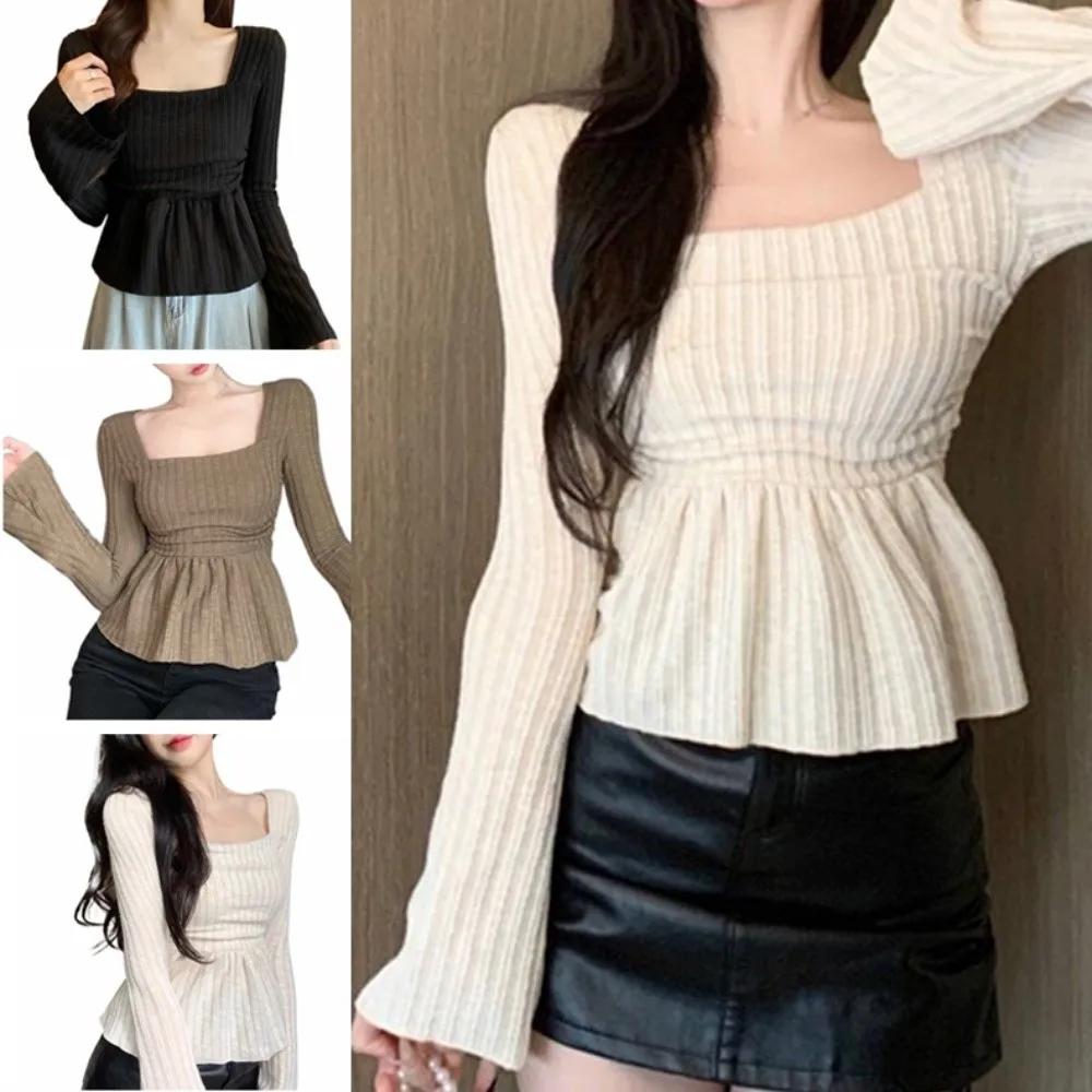 

Pleat Hem Sweet Slim Tops Square Neck Thin Long Sleeve T-shirt Bottoming Shirt Solid Color Long Knitted Top Spring Autumn