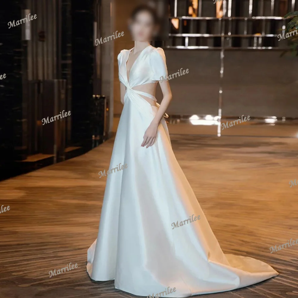 

Marrilee Satin Wedding Dress For Woman V Neck Half Cap Sleeve Bridal Gown Long Button Backless Bow Bride Dresses 2024 Custom