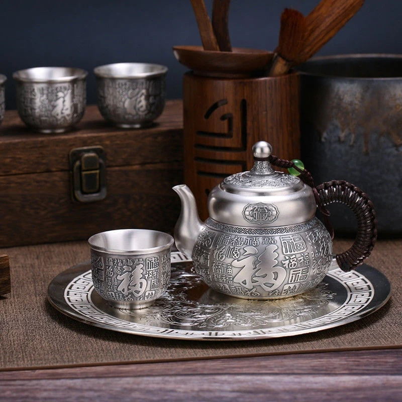 

Momofu 999 Silver Tea Set 1 Plate 1 Pot 4 Cups Chinese Retro Tea Set Gift