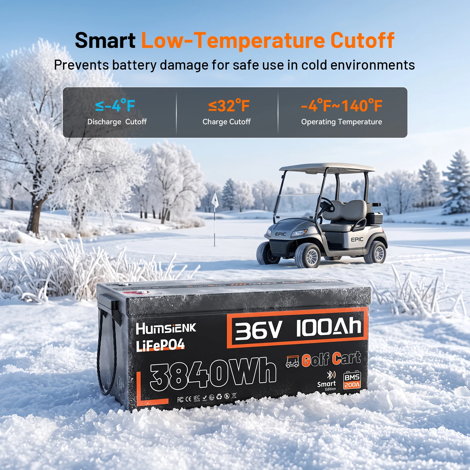 Humsienk 36V 100Ah LiFePO4 Battery Designed For Golf Cart Capacity,Trolling Motor, RV, Capacity 3840Wh Built-in Bluetooth Monitor & 200A BMS With 5-Year Warranty/ UL 1973
