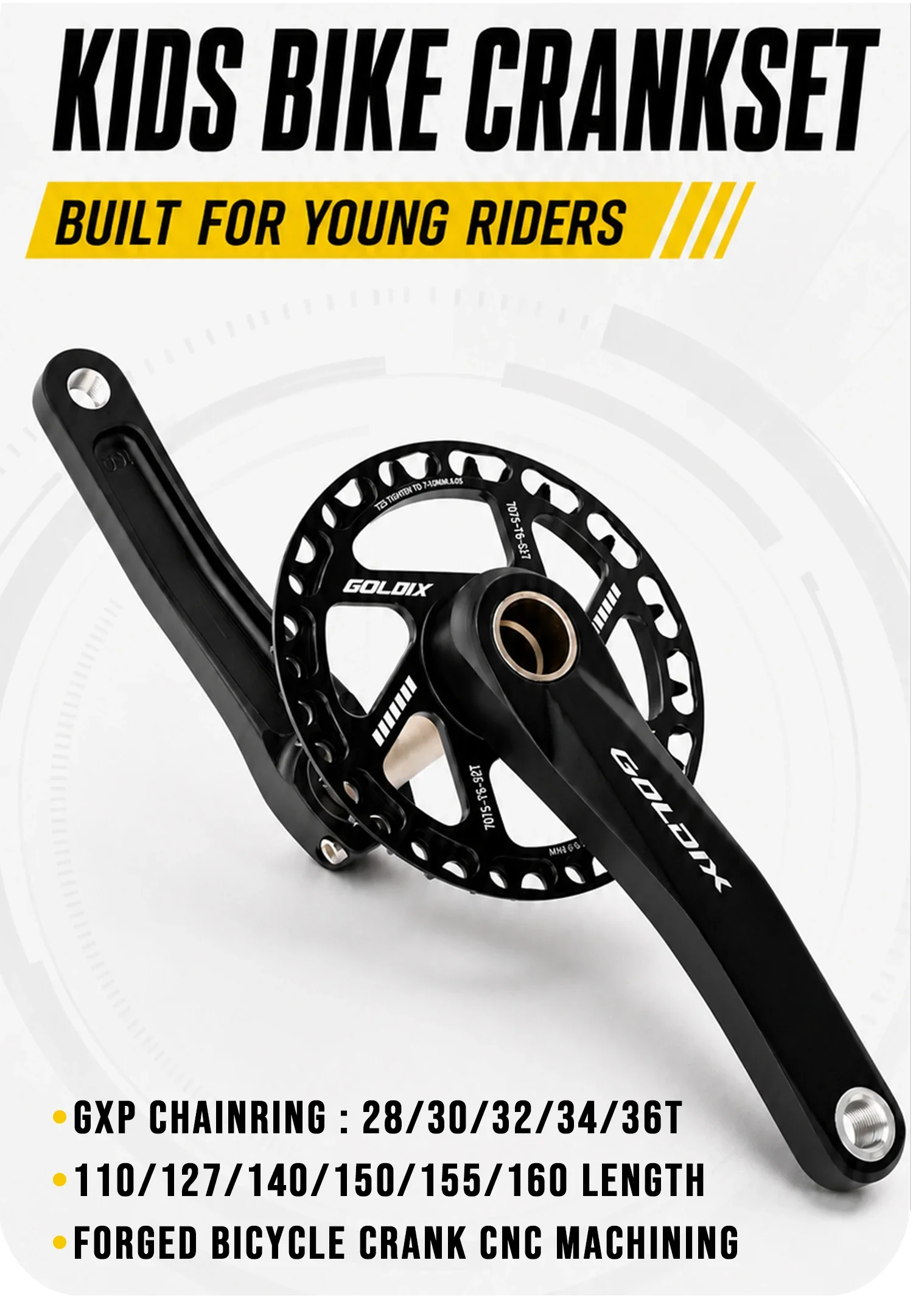 GOLDIX Kinderfahrrad-Kurbelgarnitur 110/127/140/150/155mm Länge Aluminiumlegierung Geschmiedeter Kurbelarm CNC-Bearbeitung mit Kettenblattschutz – Detail 1